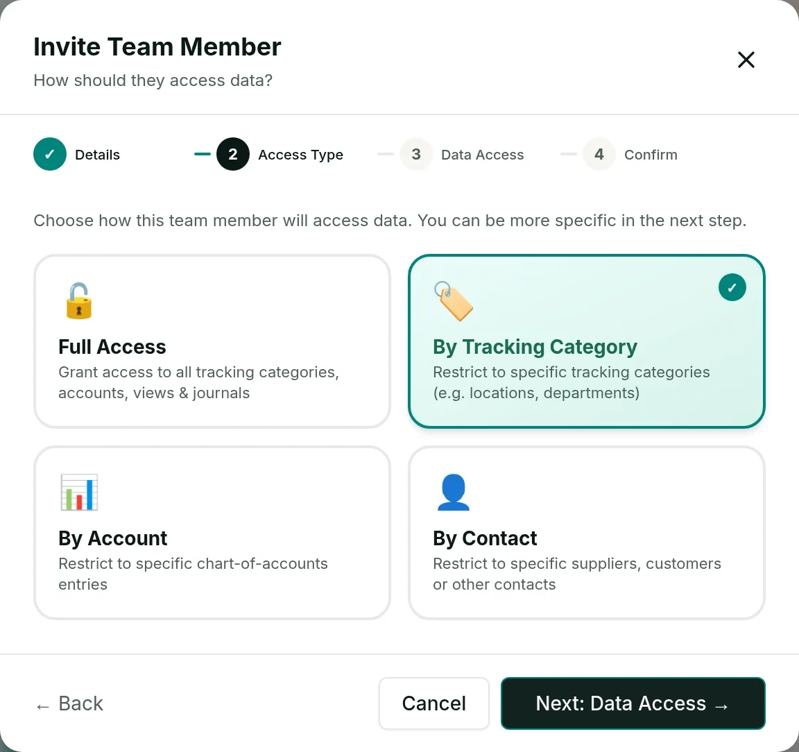 The Vizii invite flow on step two of four, choosing how a team member may access data: Full Access, By Tracking Category, By Account or By Contact